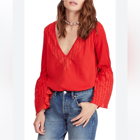 Free People Red Eyelet Lace Wide Bell Sleeve Waffle Knit Thermal Top - Picture 5 of 12